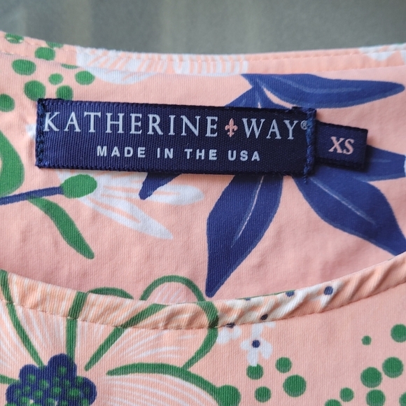 KATHERINE WAY Floral Mini Gold Dress Stretchy Short Sleeves XS Pockets Pink - Picture 2 of 11